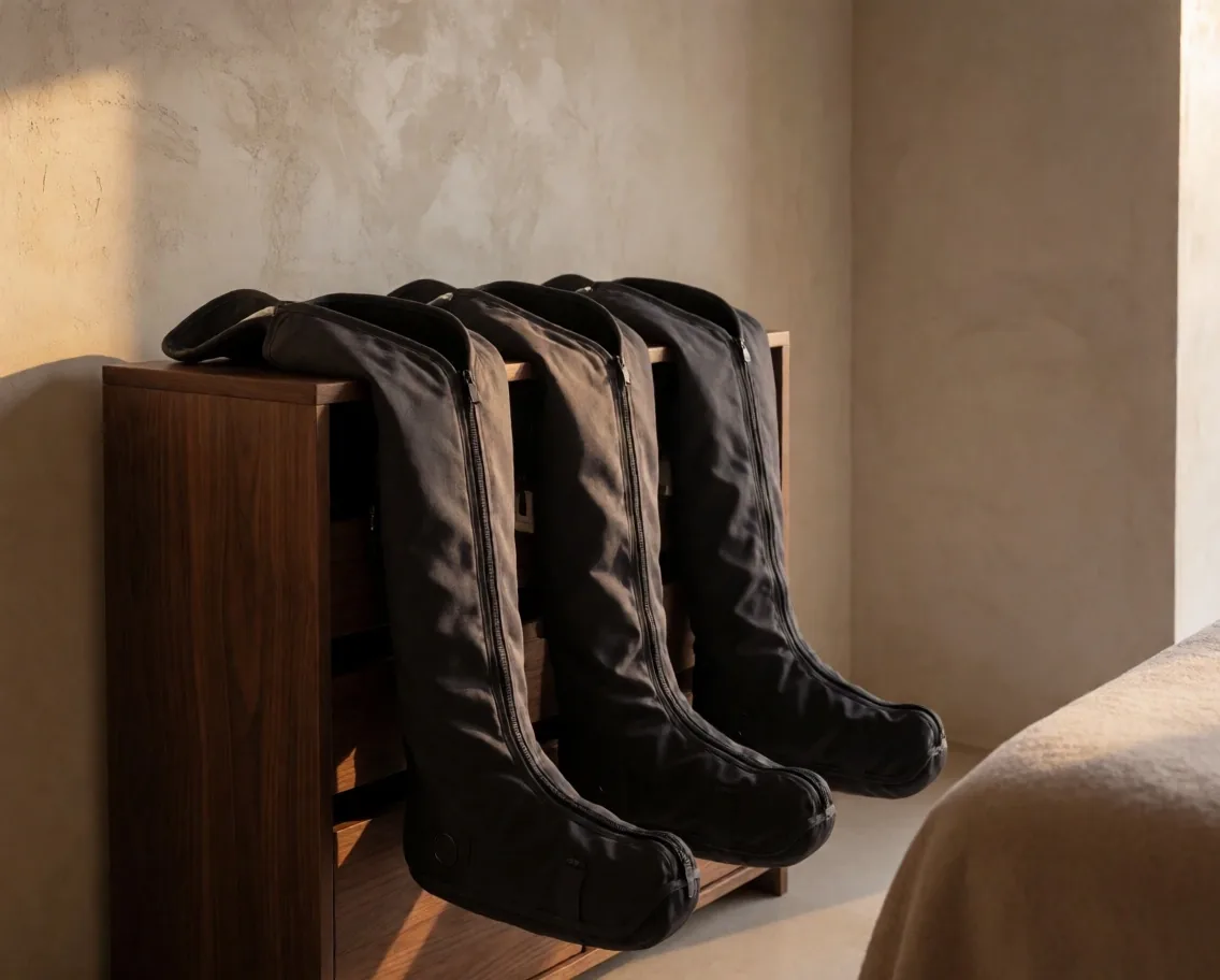 Botas de compresión sobre estante de madera
