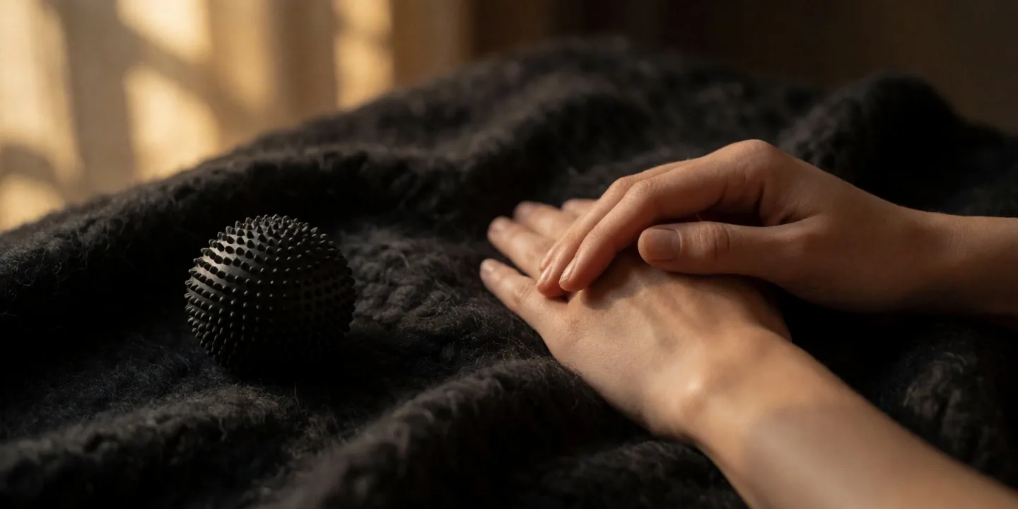 Manos reposando junto a pelota de masaje sobre tela cálida