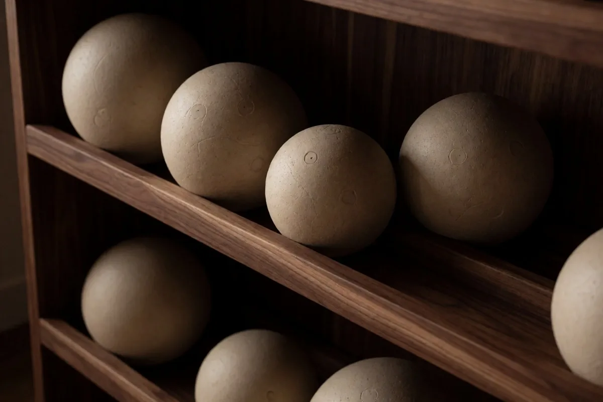 Pelotas de masaje sobre estante de madera