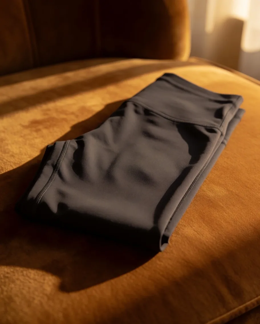Prenda de compresión plegada sobre textil de terciopelo bajo luz dorada