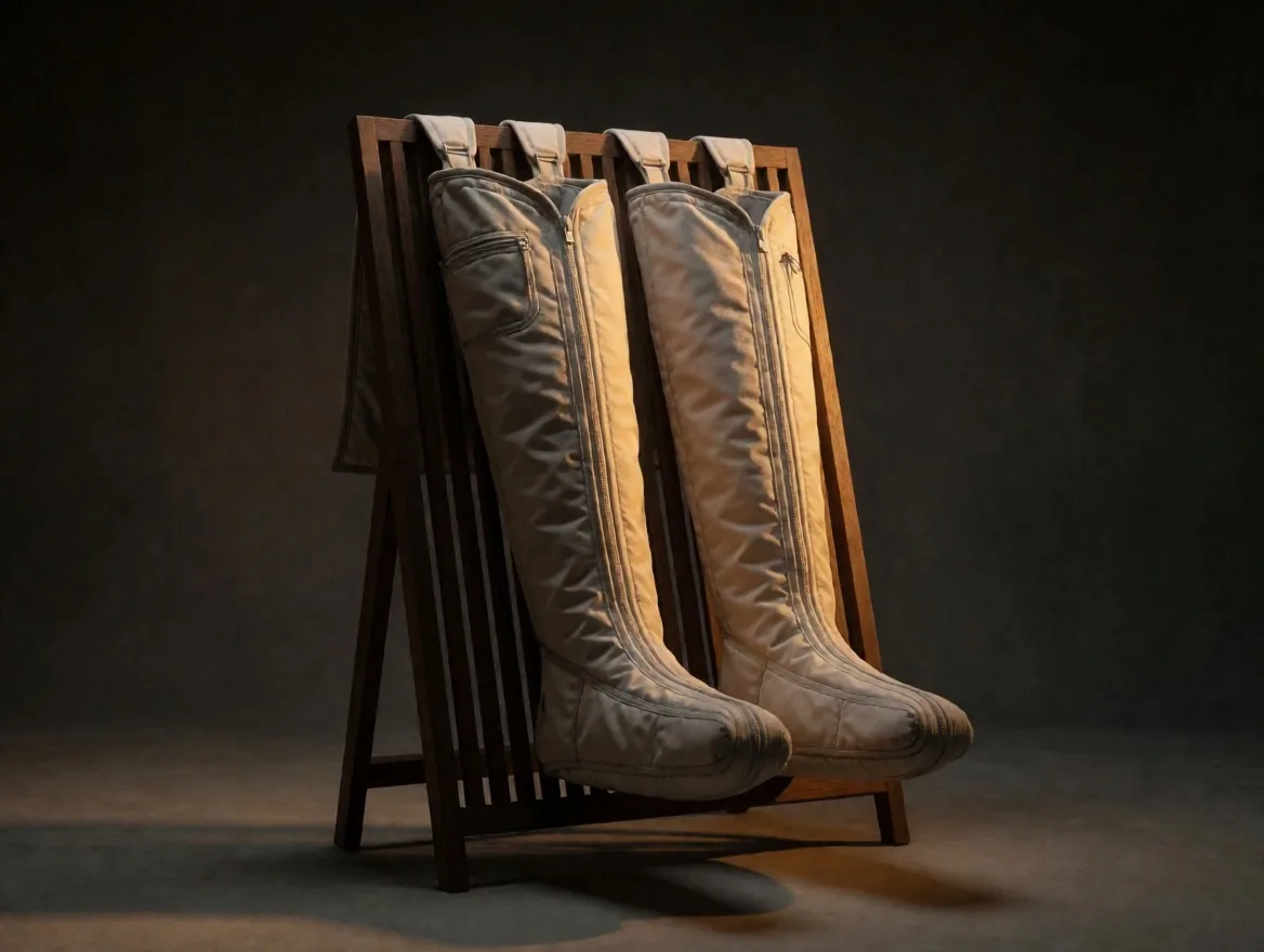 Botas de compresión sobre soporte de madera